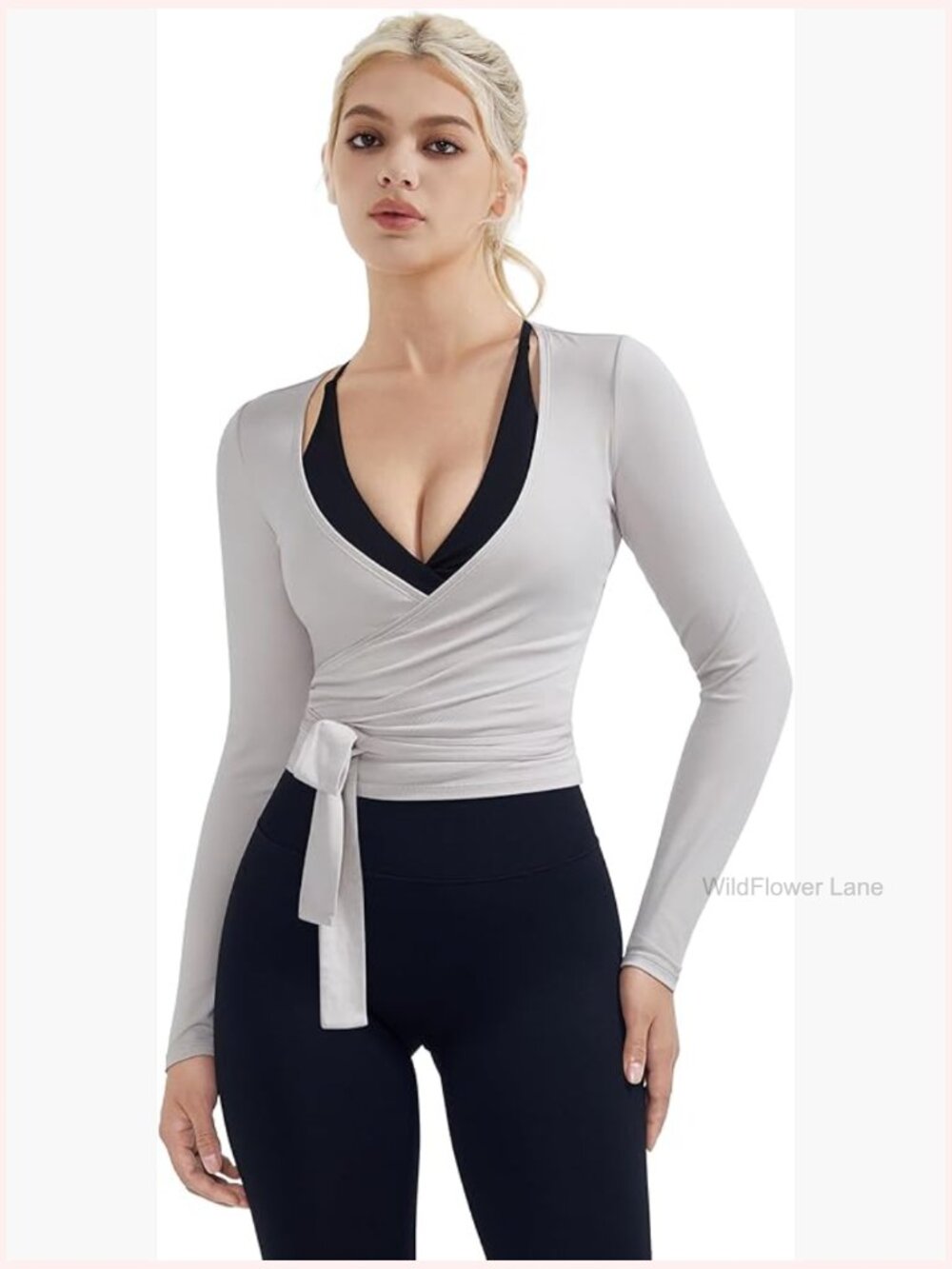 Long Sleeve V Neck Wrap Cropped Top Pilates Yoga Shirt